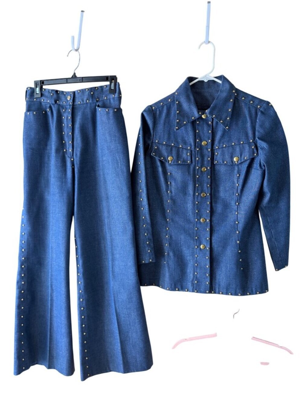 Vintage 1970s Womens Snap Front Gold Domed Studs Denim Suit Size M Rocker Rodeo